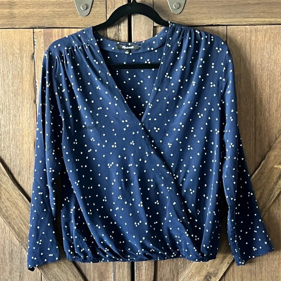 Madewell Faux Wrap 100% Silk Top with Heart Detailing Deep Navy Size Small EUC - Picture 3 of 7